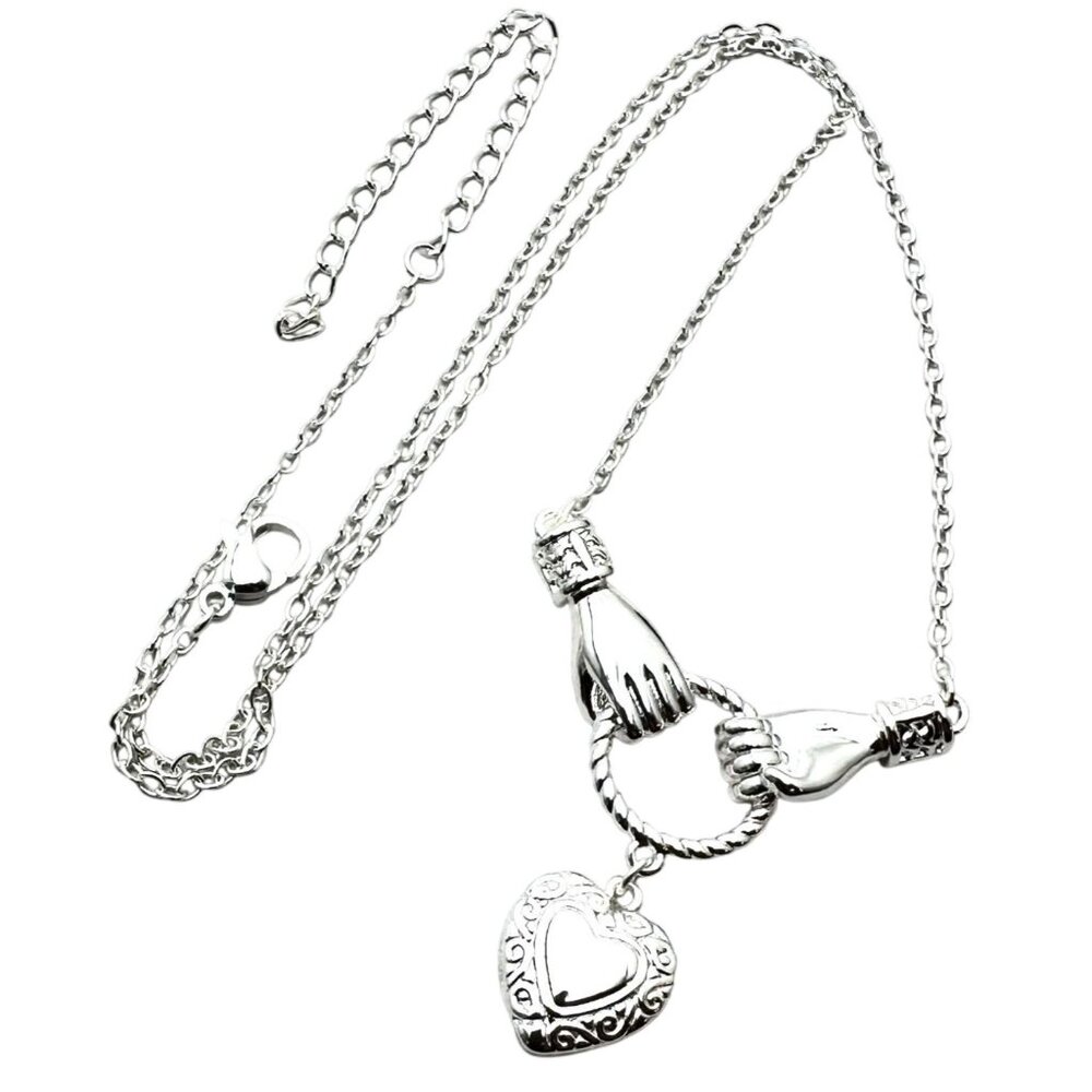18K White Gold Plated Heart Hands Pendant Necklace Vintage Style